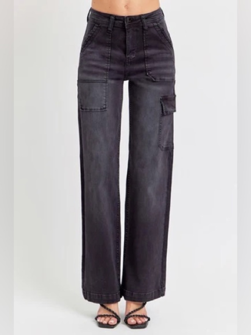 RISEN Black Wide Leg Cargo Jeans High Rise Utility Size 5/27